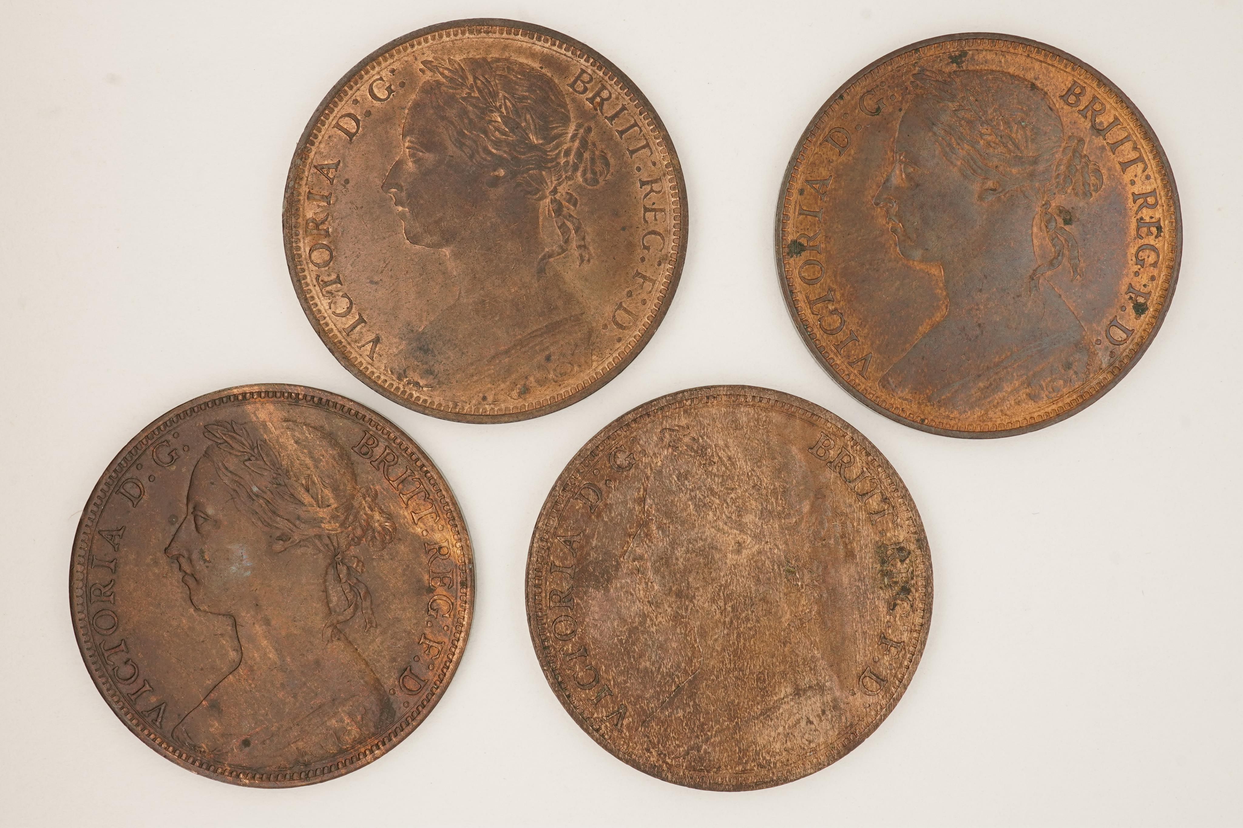 British coins, Victoria, four bronze pennies;, 1881, H below date, Fr. 108, Gouby dies P/p, about EF, toning and lustre, 1882, H below date, Fr. 115, Gouby dies R/r, spotting otherwise about UNC, toning and lustre, 1885,